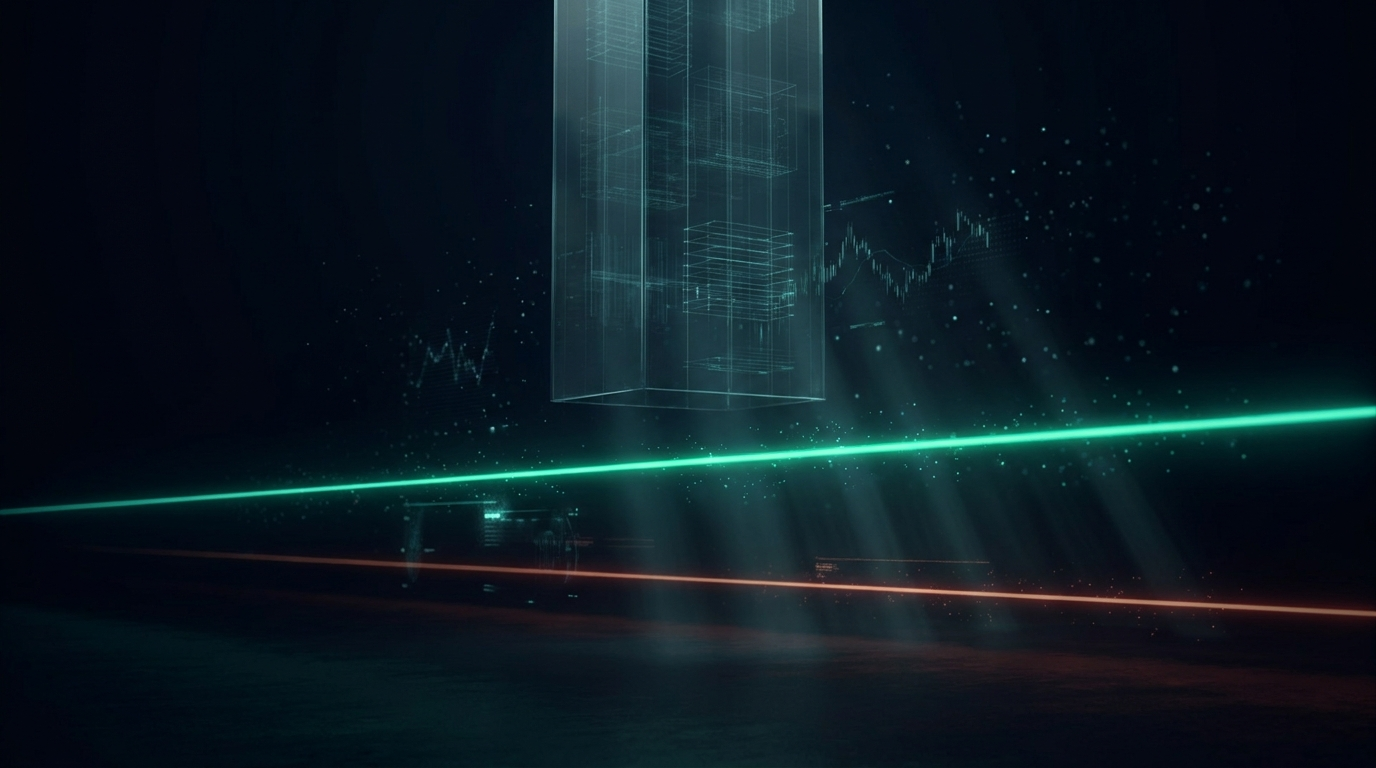 A dark data corridor with two glowing horizontal guardrail lines at different depths, a nearer teal line and a deeper red line, representing a daily loss limit and a maximum drawdown