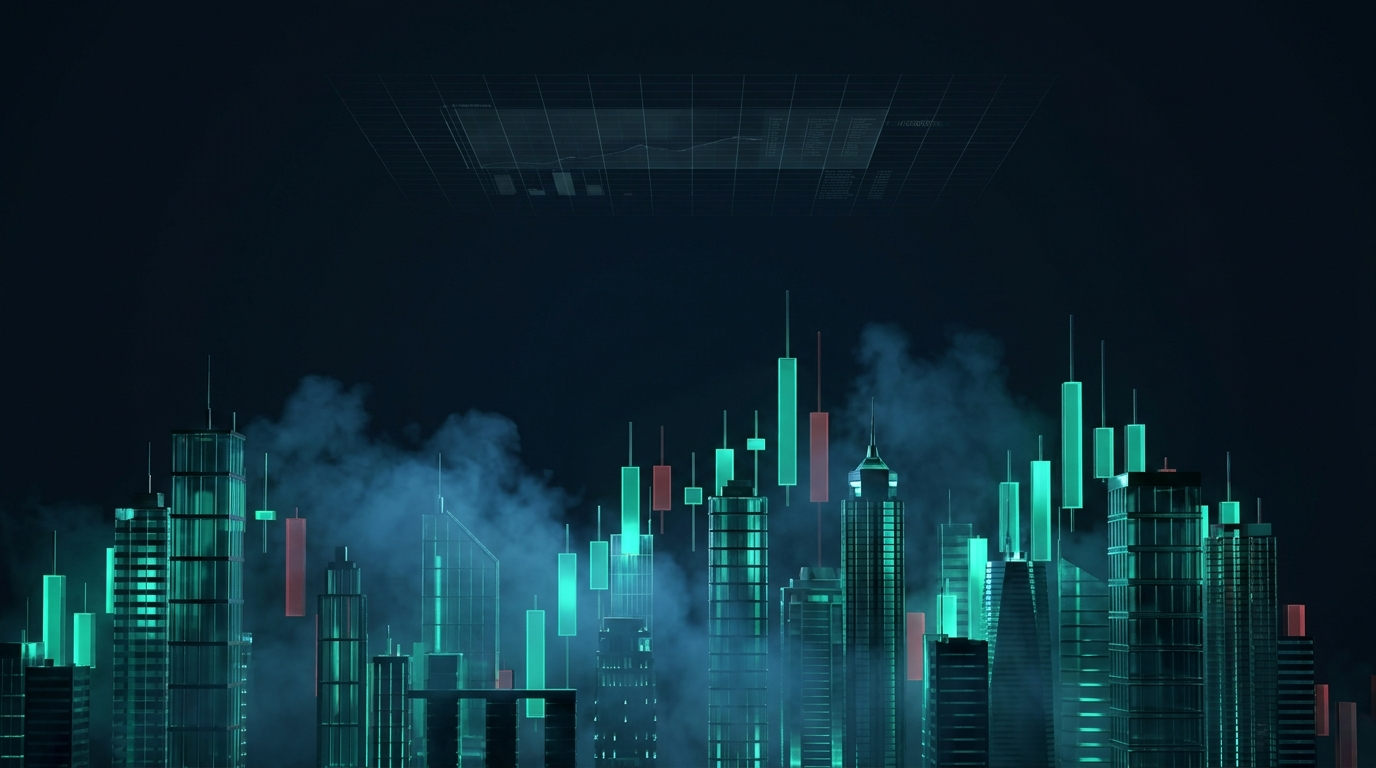 A cinematic render of a nocturnal skyline built from teal candlestick towers, representing day trading buying power in the stock market