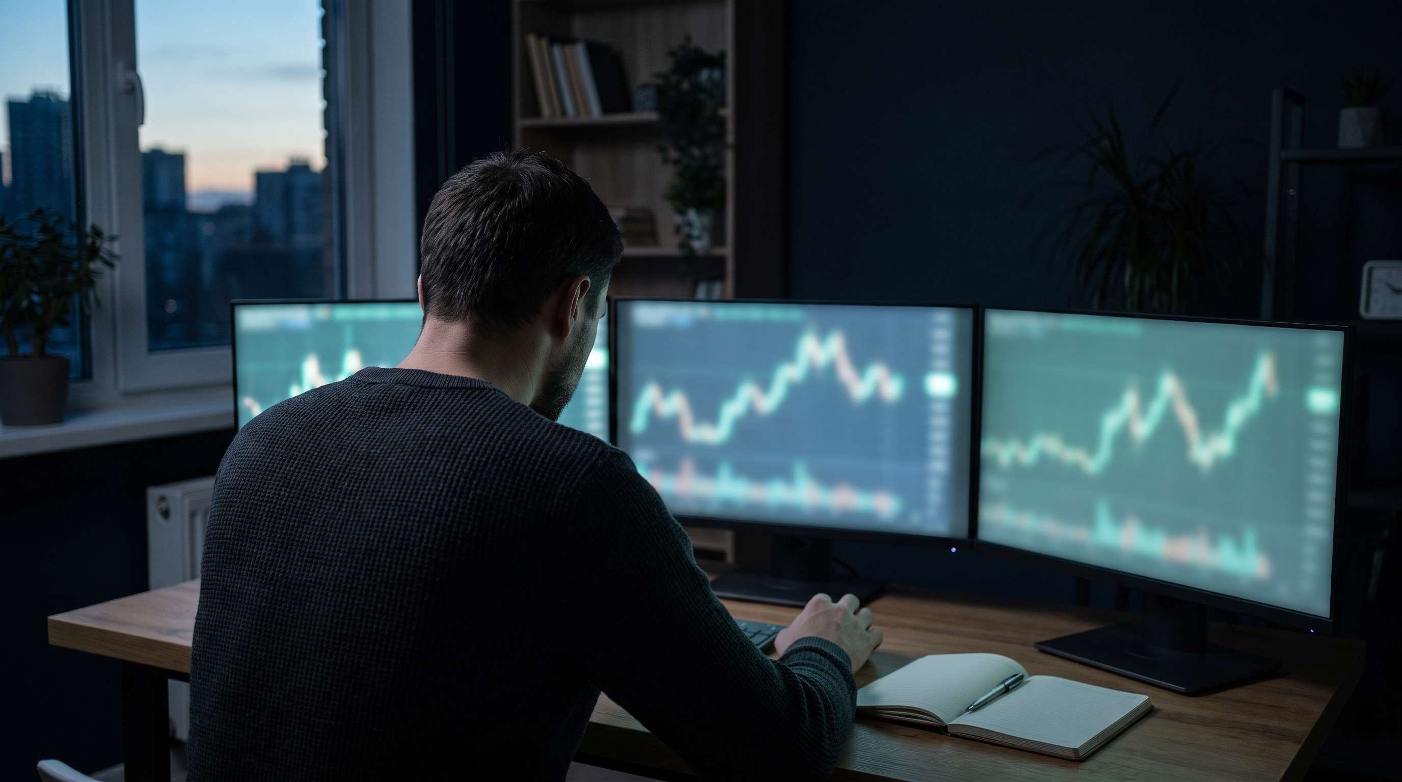 A man seen from behind at a home trading desk before dawn, three monitors glowing teal with blurred price charts, an open notebook and pen beside him and a city skyline at first light through the window