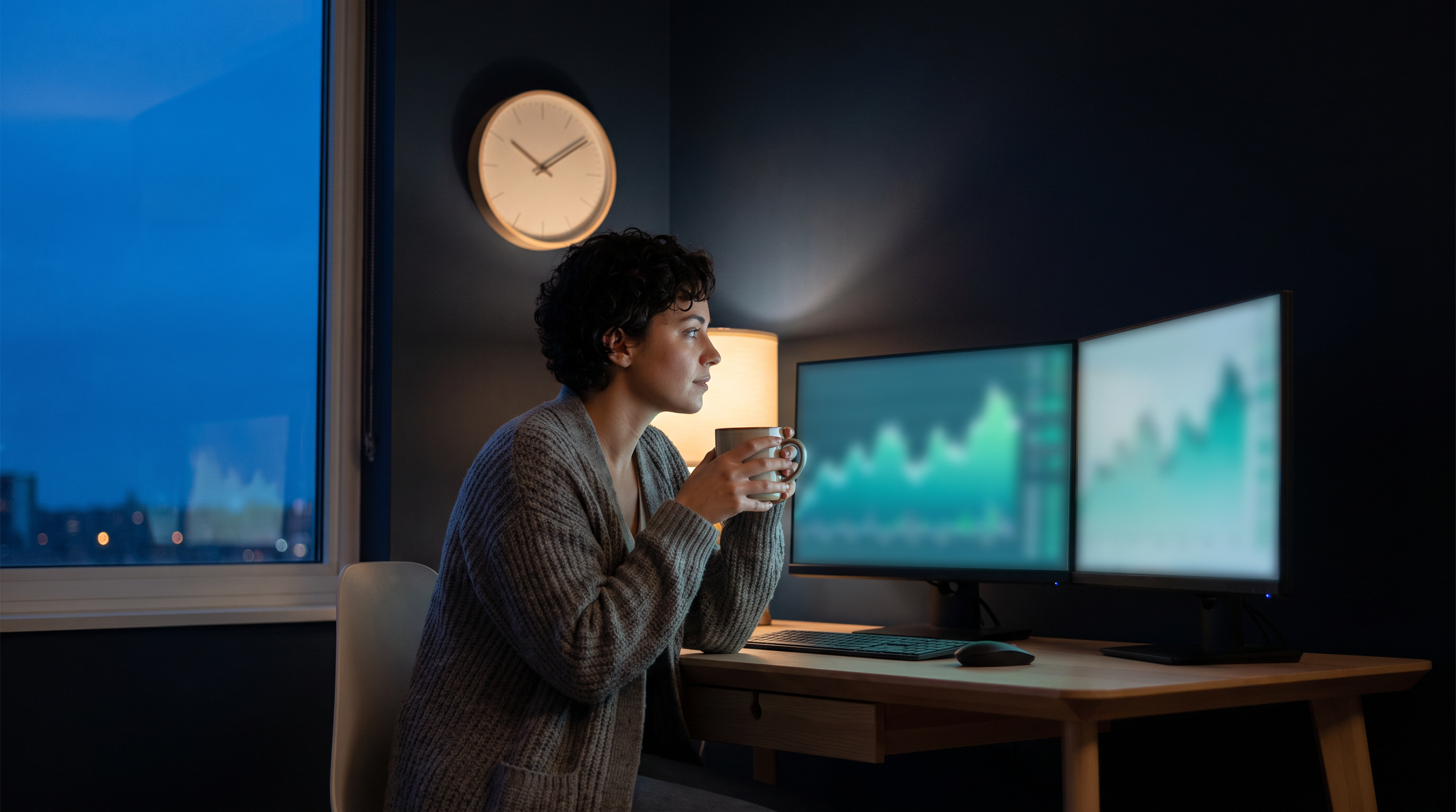 A woman trader in a gray cardigan sits at a minimalist desk before dawn, holding a coffee mug and watching two unbranded monitors with soft teal charts, under a plain analog wall clock, beside a window with a deep blue pre-dawn sky