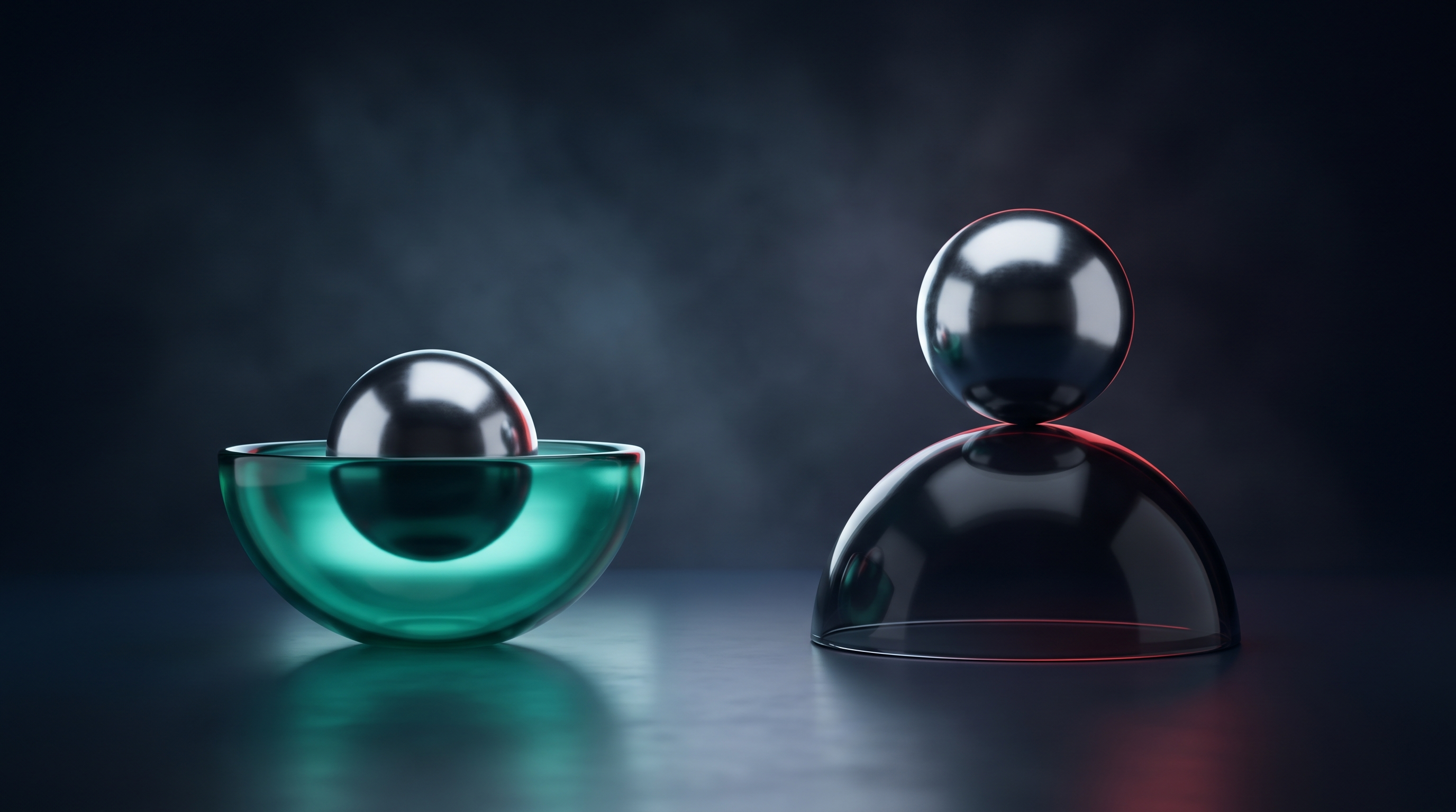 Two polished steel spheres on a dark reflective floor, one resting inside a glowing teal glass bowl and the other balanced on top of a dark glass dome with a thin red rim of light