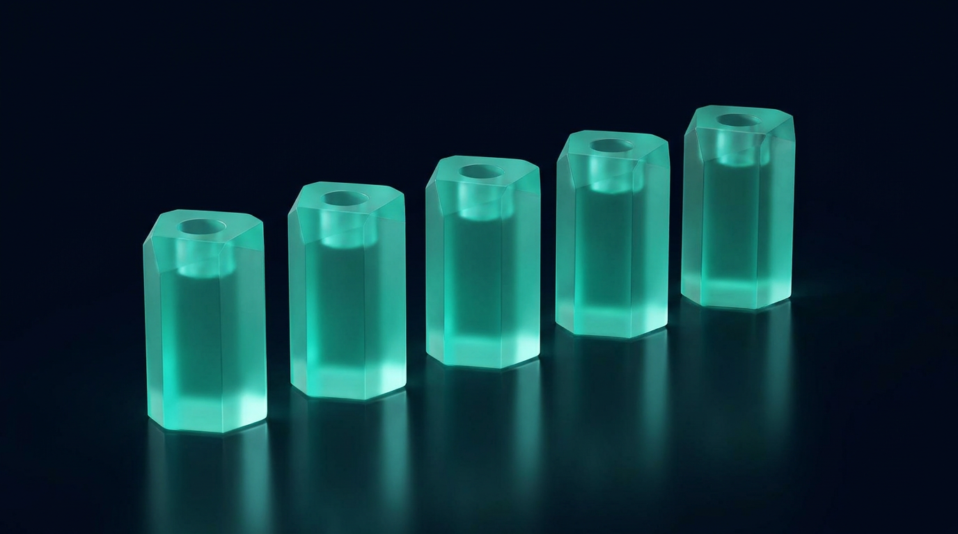 Teal three dimensional candlestick prisms with soft glow on a deep navy background