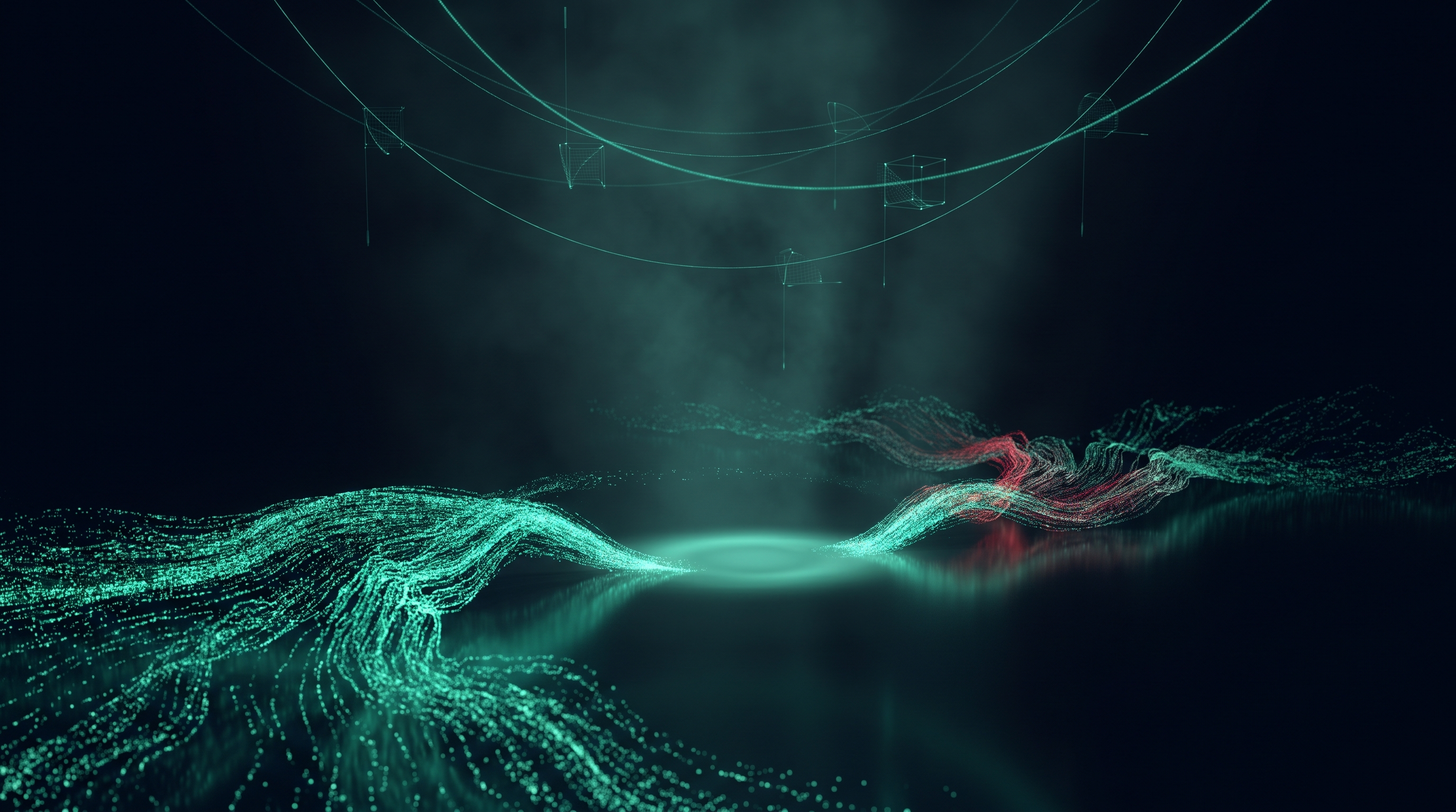 A cinematic render of two counter-flowing streams of emerald-teal light particles cancelling each other into a still pool on a dark reflective floor, with a faint holographic curve above