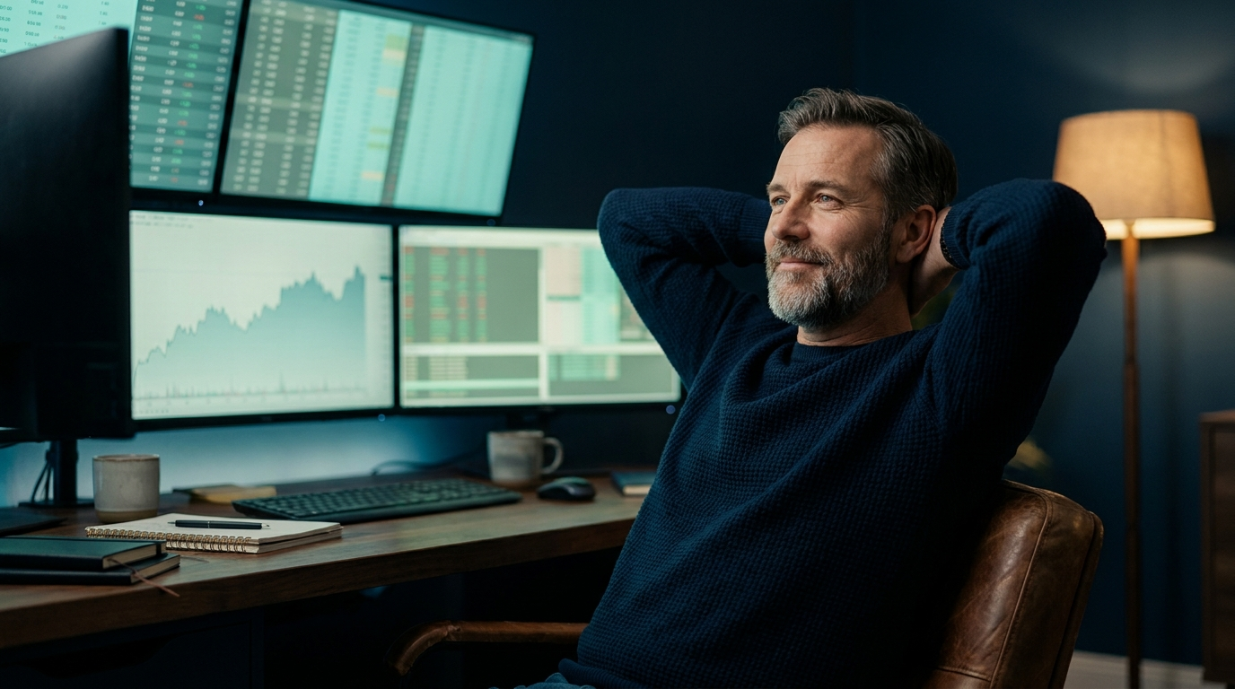 A calm trader leaning back from a trading desk, relaxed and contemplative, lit by soft teal screen glow, accepting the result of a single trade