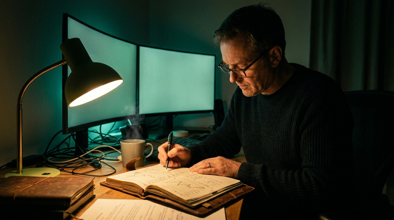 A trader reviewing a handwritten trading journal beside dimmed monitors in a moody, low-lit office with teal screen glow