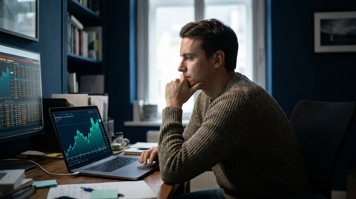 A retail trader pausing thoughtfully at a modest home desk with a laptop, weighing whether they actually need outside funding