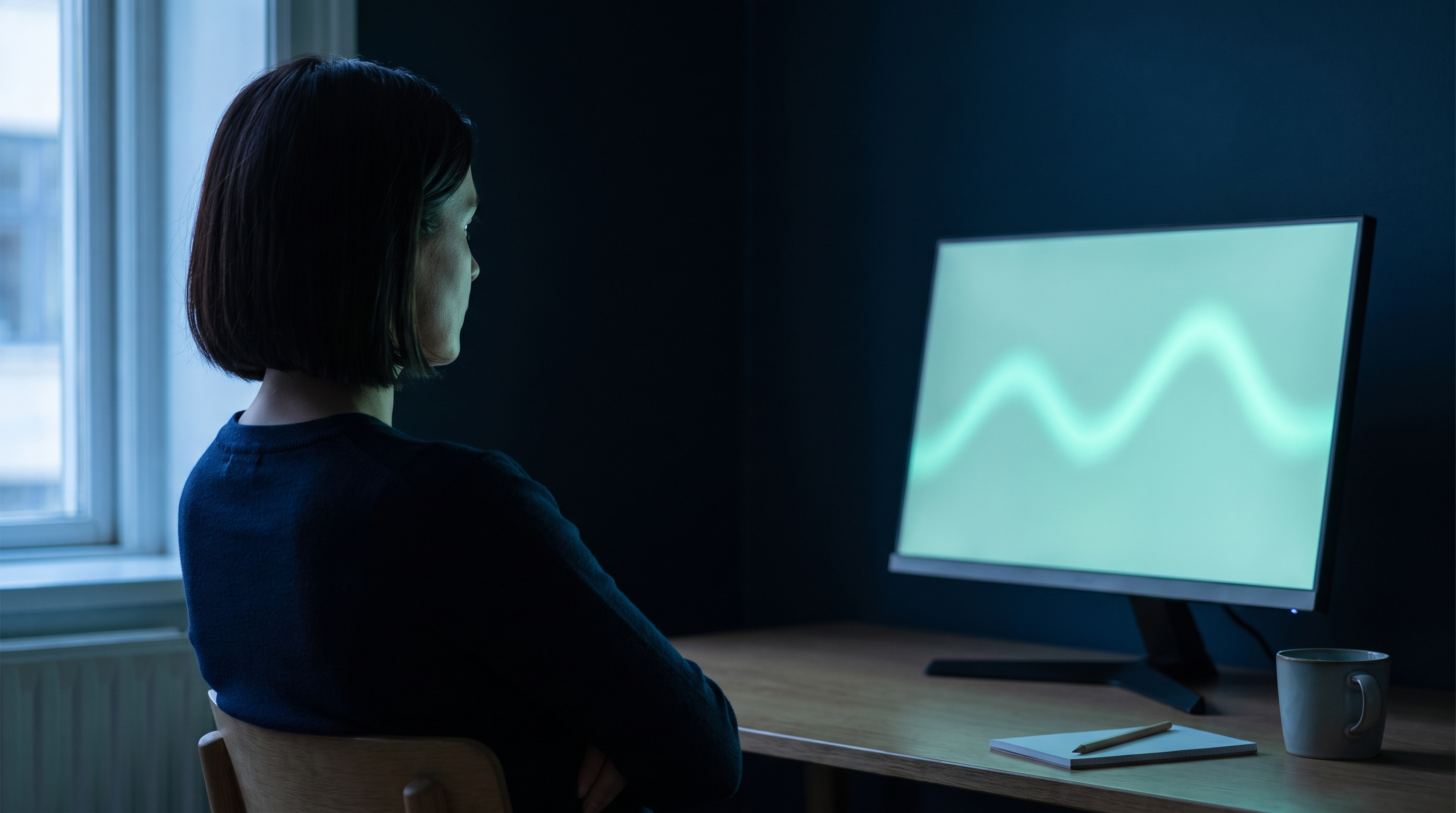 A woman trader with short dark hair sits with arms folded in a dim home office at dawn, seen from behind, watching a monitor that shows a soft blurred mint teal line with two gentle peaks, a notepad, pencil and mug on the wooden desk beside a window