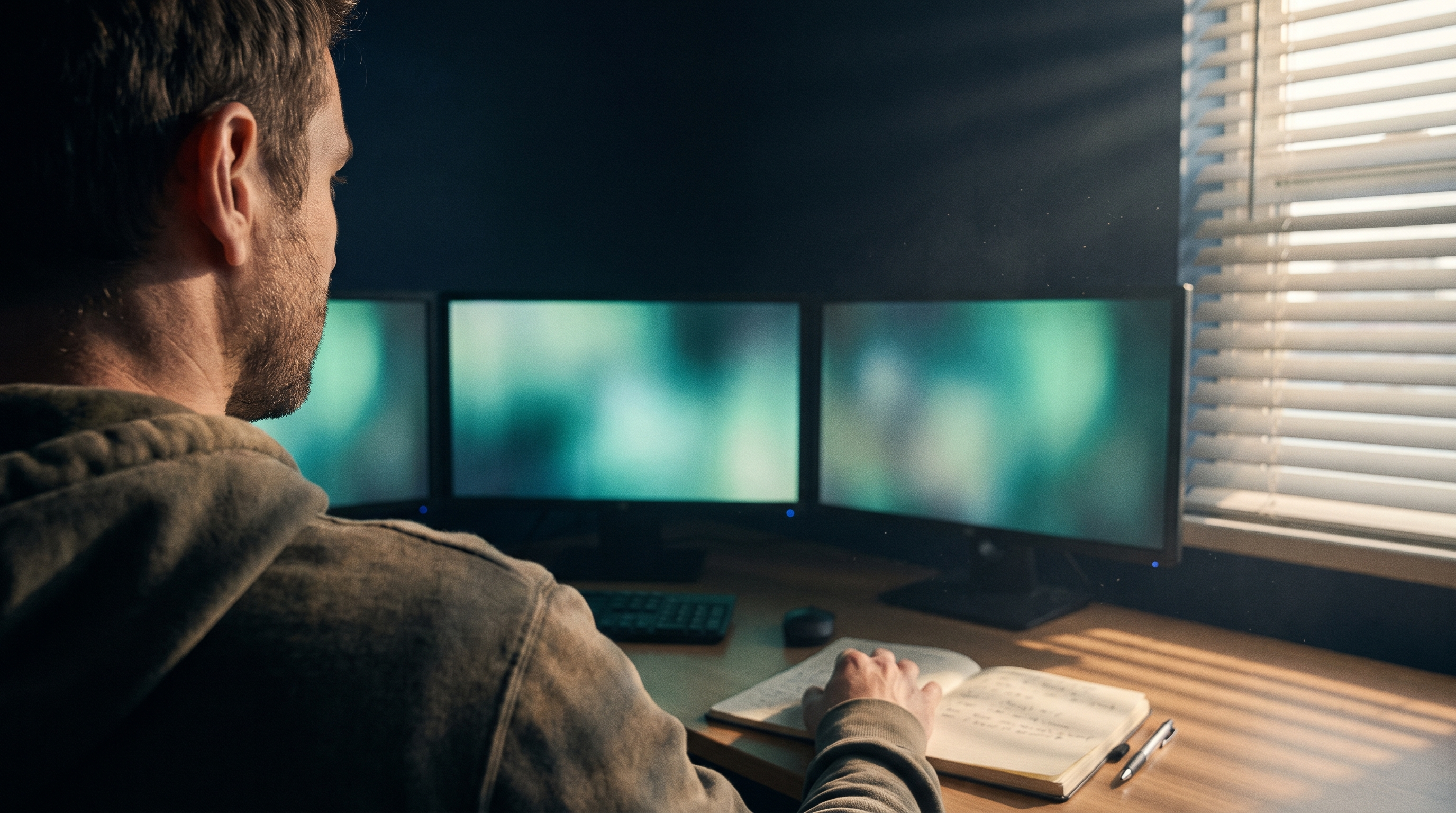 An over-the-shoulder view of a trader at a three-monitor desk writing in a paper notebook, with morning light coming through window blinds