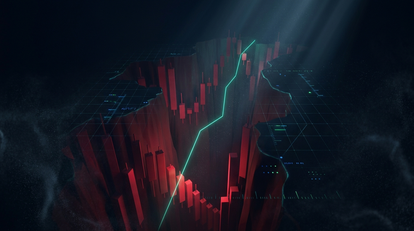 A cinematic render looking down into a canyon of descending red candlesticks with a thin teal recovery line, representing drawdown measured in percentage versus dollars