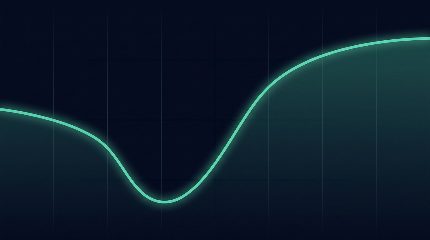 Abstract mint teal line on a navy background dropping into a deep valley and then climbing a long steep slope to recover