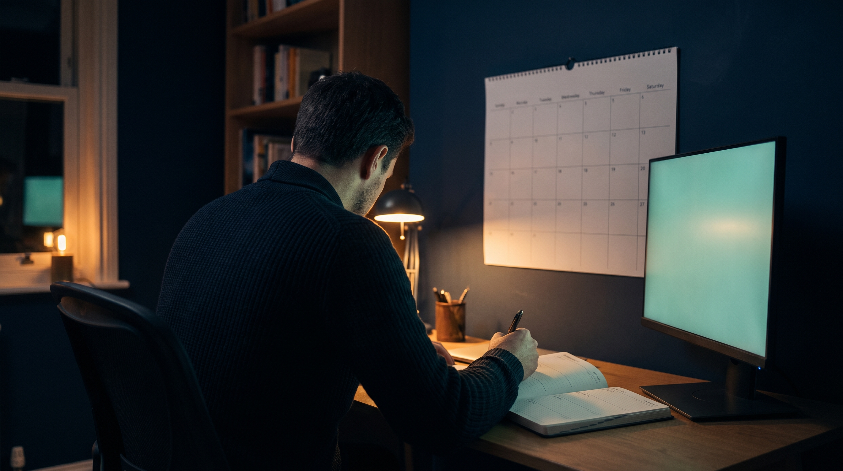 A trader seen from behind at a desk at night, writing in a paper planner under a desk lamp, with a wall calendar beside him and a monitor glowing teal