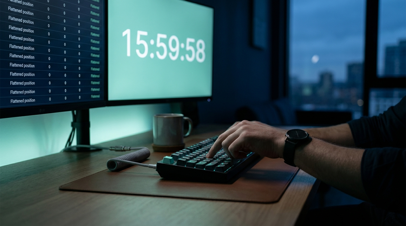 A trader closing the last position of the session at a calm desk near the closing bell, representing the end of day flat rule