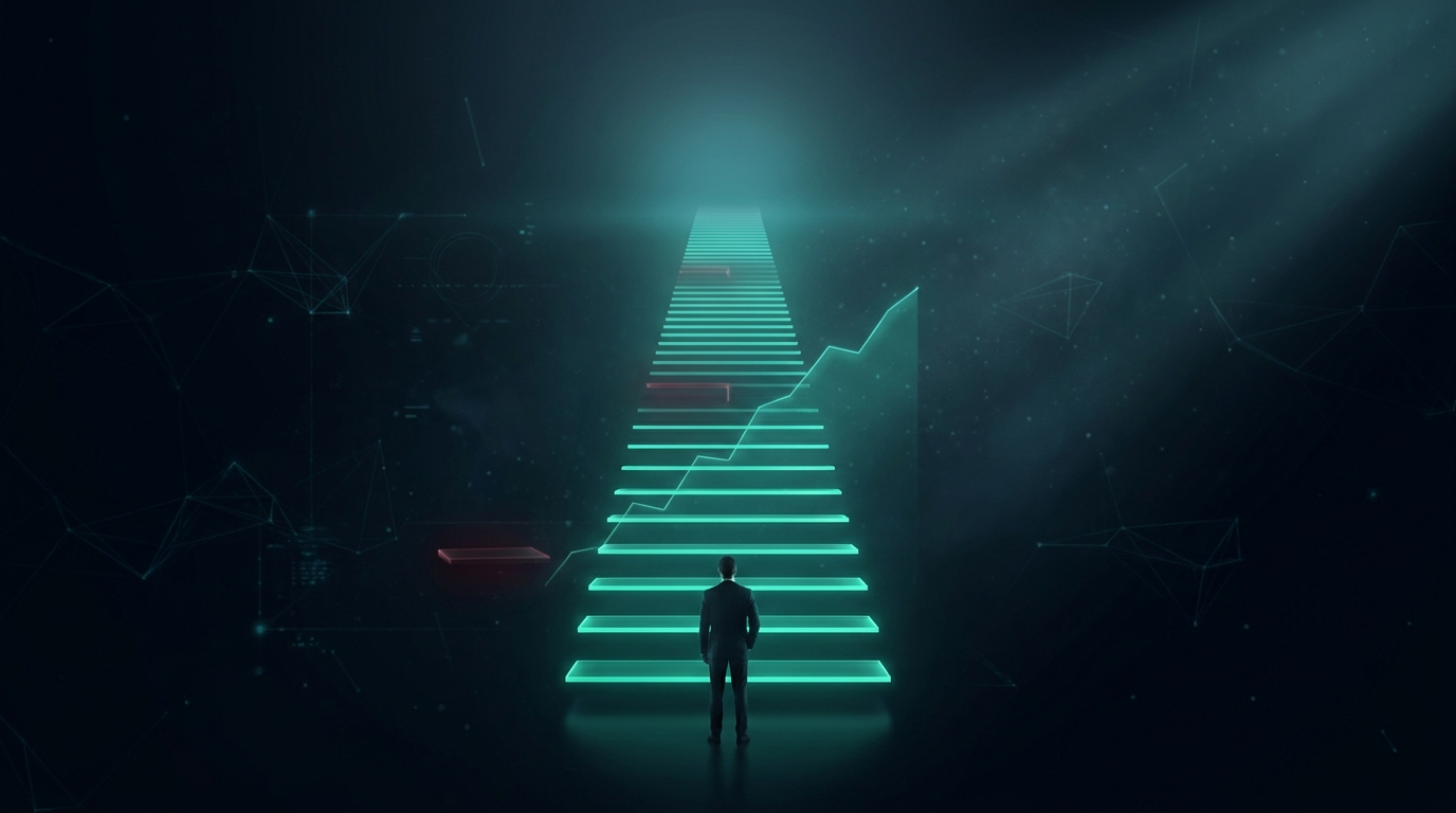 A cinematic render of a lone figure at the base of a smooth, evenly rising teal staircase of light, representing a consistent equity curve