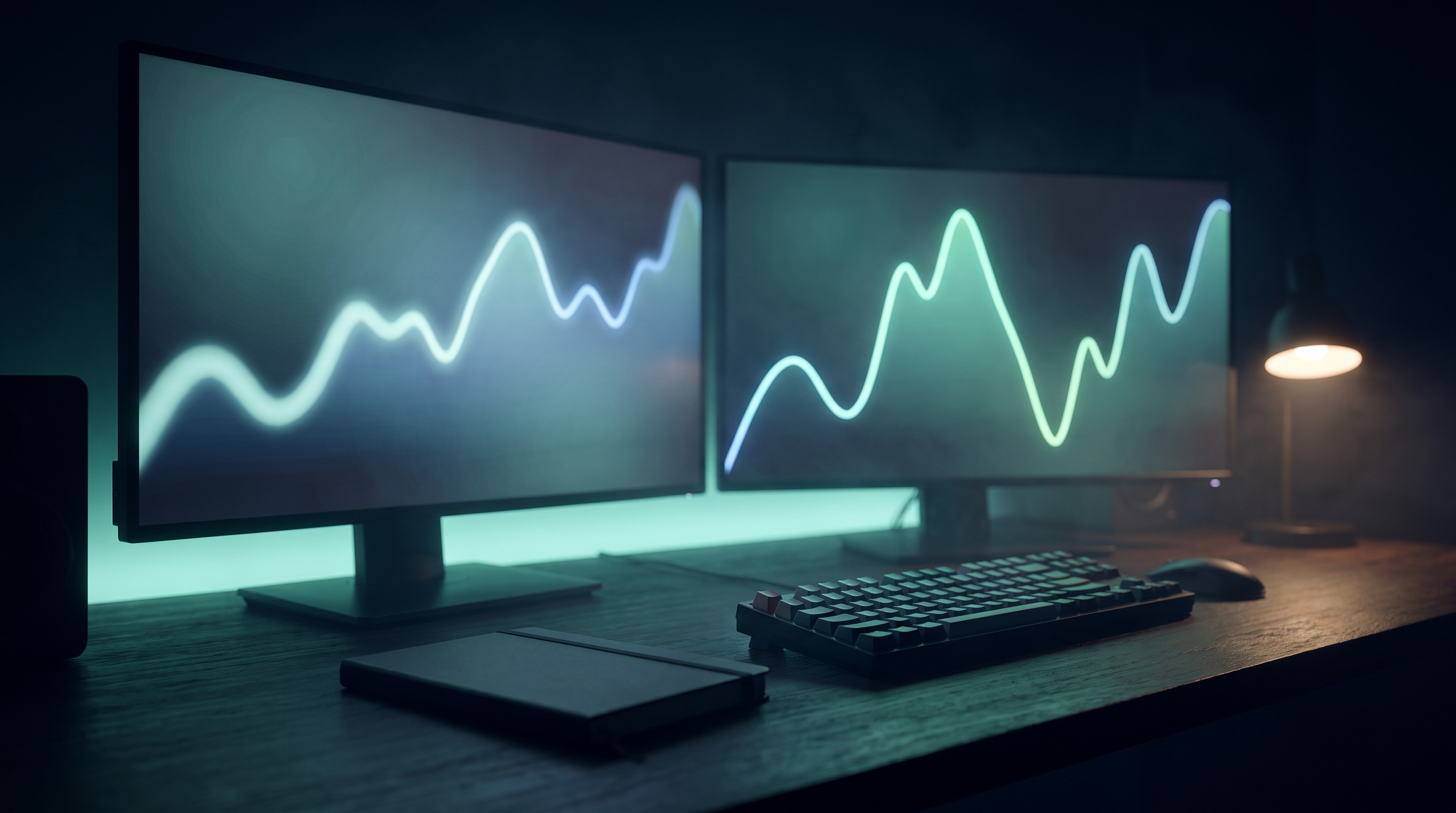 An empty trading desk at night with two monitors side by side, each showing a glowing teal line chart tracing a similar path, one swinging wider than the other