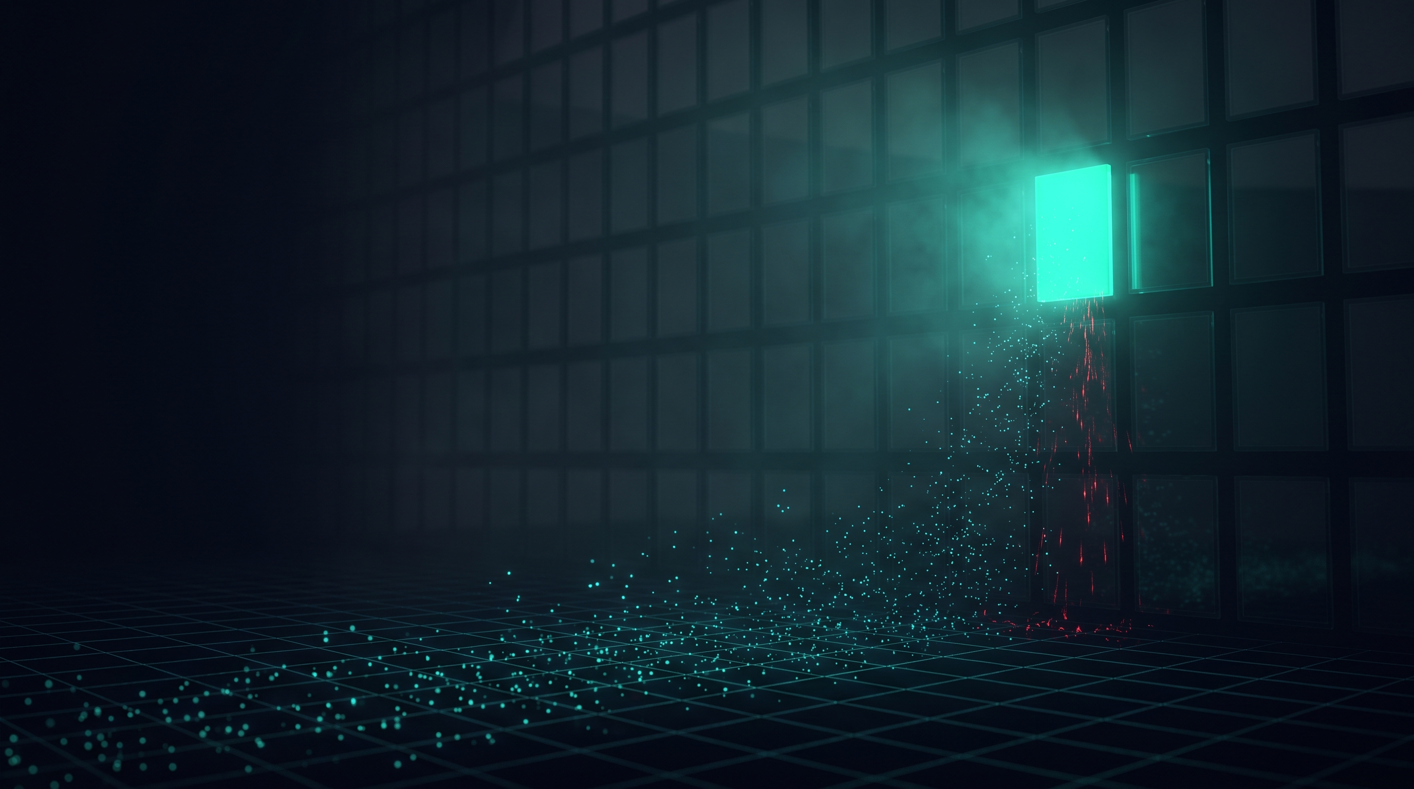 A vast dark wall of dim blank glass panels fading into fog, with one panel switched on and glowing bright teal while small teal particles drift toward it across a grid floor and a thin trail of red sparks falls beneath it