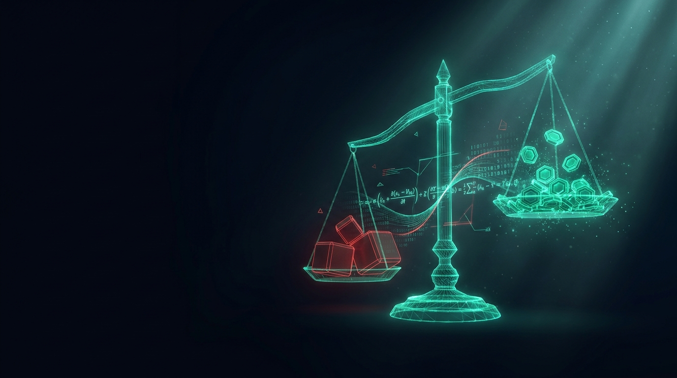 A cinematic render of a glowing teal bell curve and data points resolving into a single value, representing trading expectancy