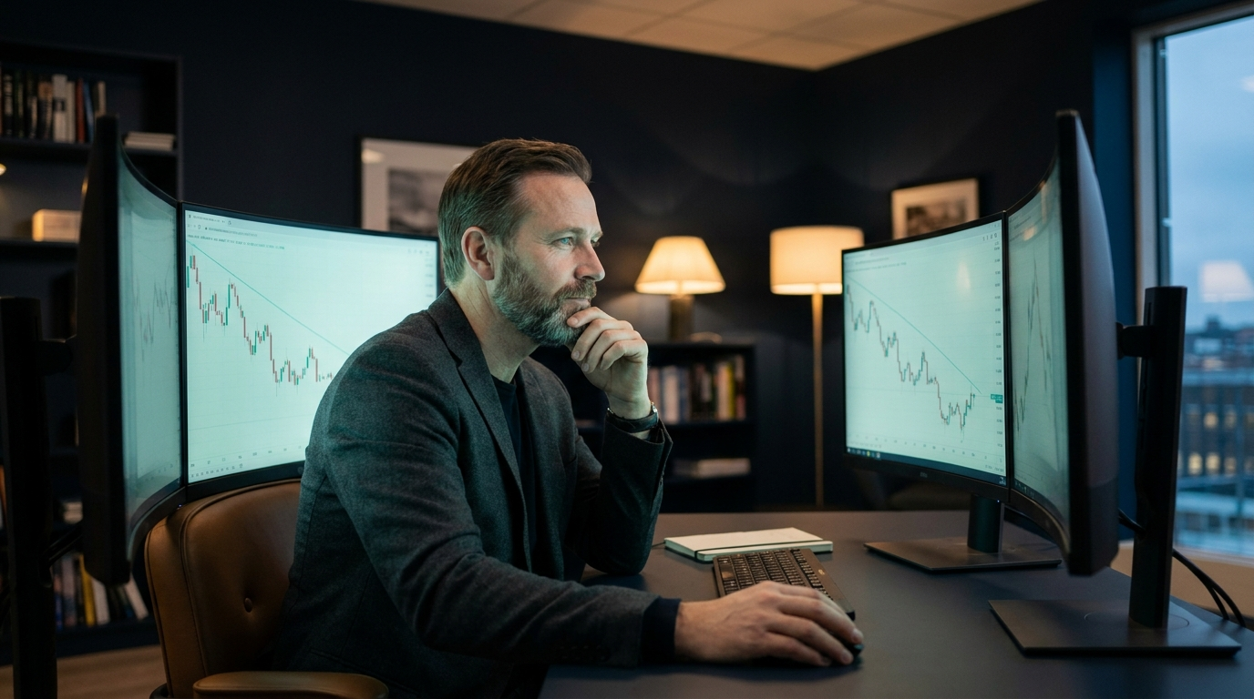 A focused trader at a multi-monitor desk reviewing a chart that pulled back, calm and determined to restart after failing an evaluation