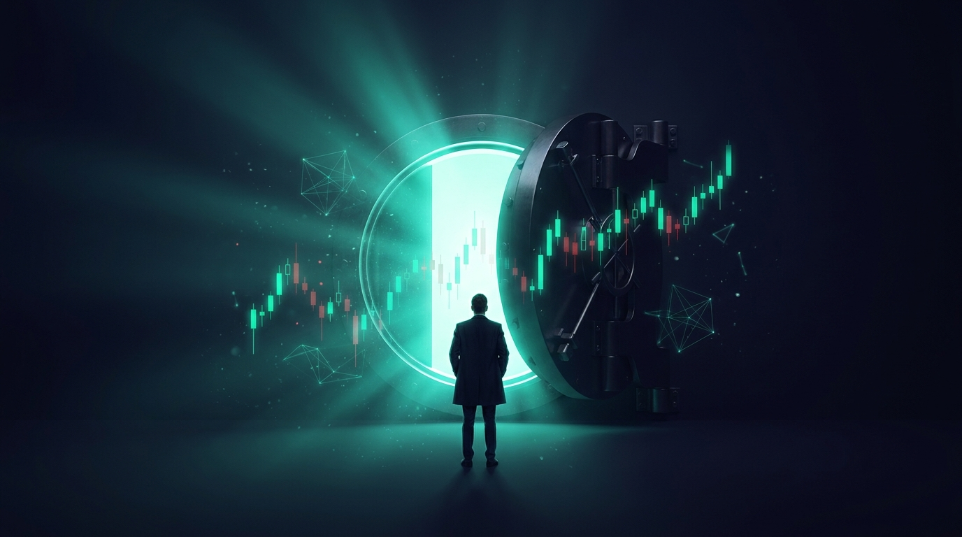 A composed trader at a clean desk with a single monitor, representing a clear and fast path to a funded account