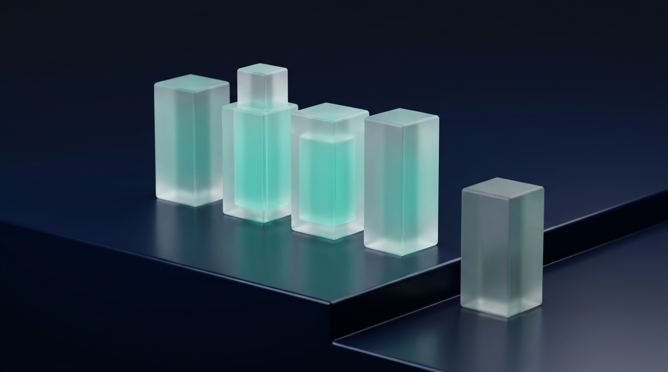 Chunky 3D candlestick prisms in mint teal on a deep navy background, one held slightly apart and lower than the others