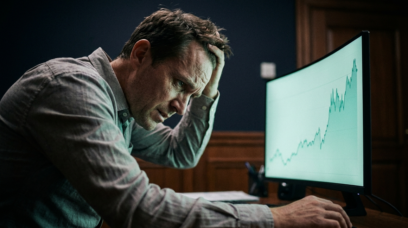 A cinematic photograph of a tense trader watching a chart surge without being in it, representing the fear of missing out