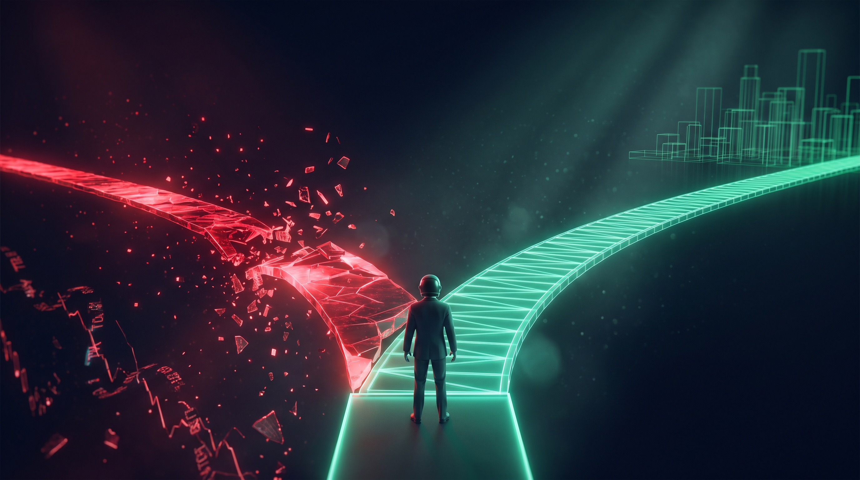 A cinematic render of a lone figure seen from behind at the split of two glowing paths, the left crimson and fracturing into falling data, the right an orderly teal walkway climbing toward a distant skyline