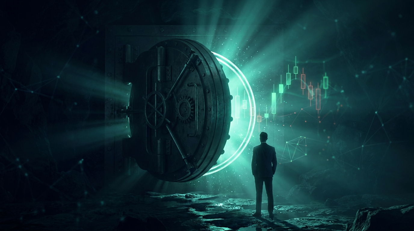A cinematic render of a lone trader facing a glowing teal vault door opening to release holographic charts, representing the buying power in a funded account