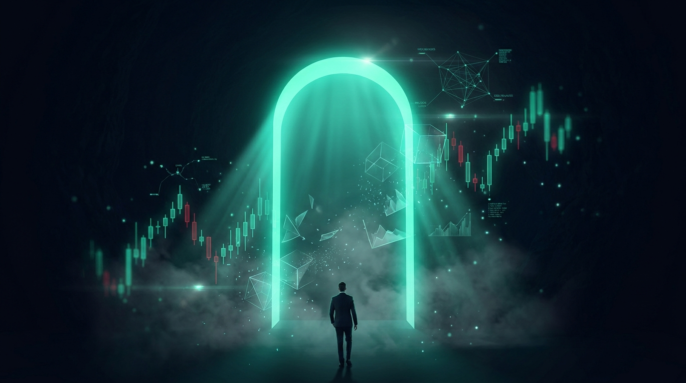 A cinematic render of a lone figure walking toward a glowing teal archway as grey illusory shapes dissolve away, representing prop firm myths giving way to reality