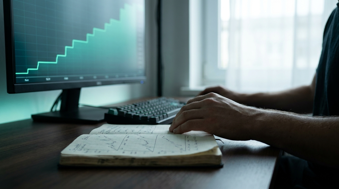 A trader's hands and an open notebook beside a keyboard, with a monitor showing a rising stepped equity curve in teal on a calm navy desk