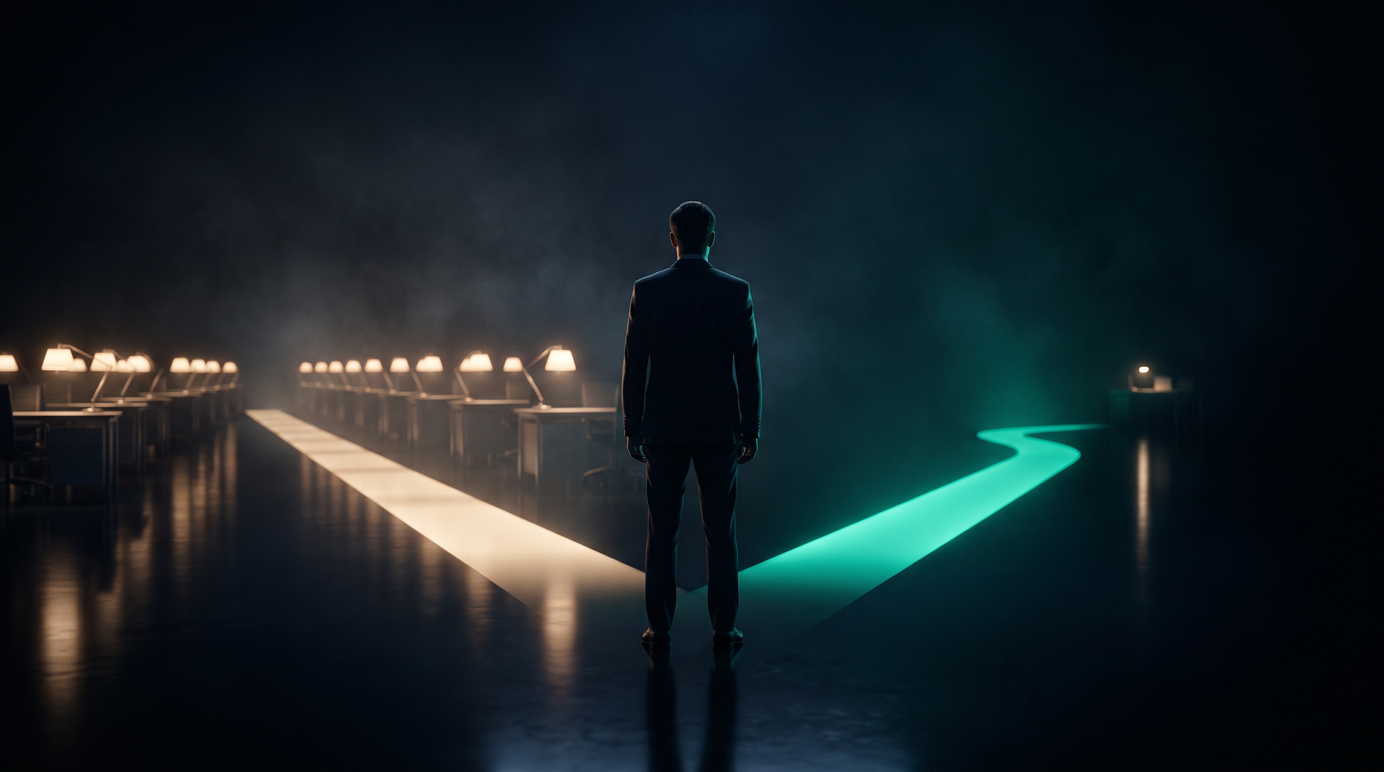 A cinematic render of a lone figure in a suit seen from behind at a crossroads, where a lit row of institutional trading desks recedes to one side and a solitary glowing emerald path leads to a single distant workstation on the other