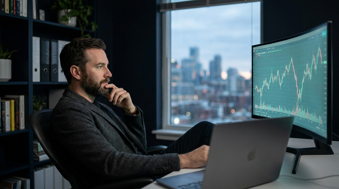 A thoughtful trader sitting back at a desk with a laptop and monitor, weighing the choice between trading their own account and a funded account