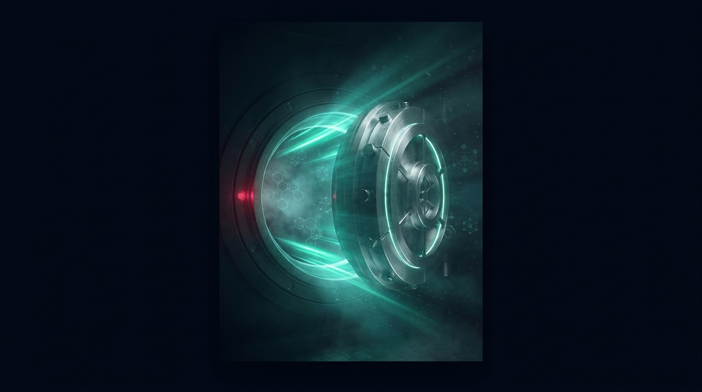 A cinematic render of a circular vault door of interlocking hexagonal rings opening and spilling emerald light, representing a crypto funded payout being released