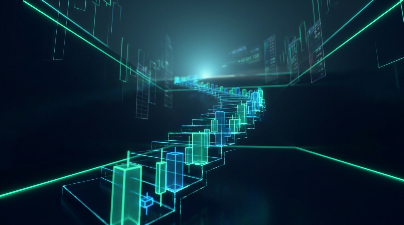 An ascending staircase of glowing teal candlestick towers rising toward a bright horizon, representing the climb through a funded futures evaluation