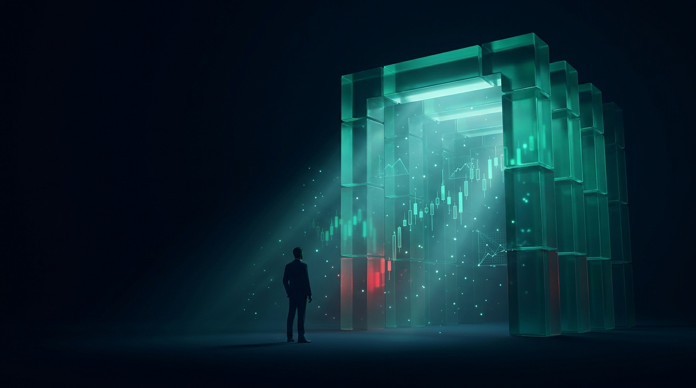 A lone figure in a suit shot from behind facing a towering glowing archway built from layered translucent emerald-teal panels like stacked option spreads, on a dark navy background