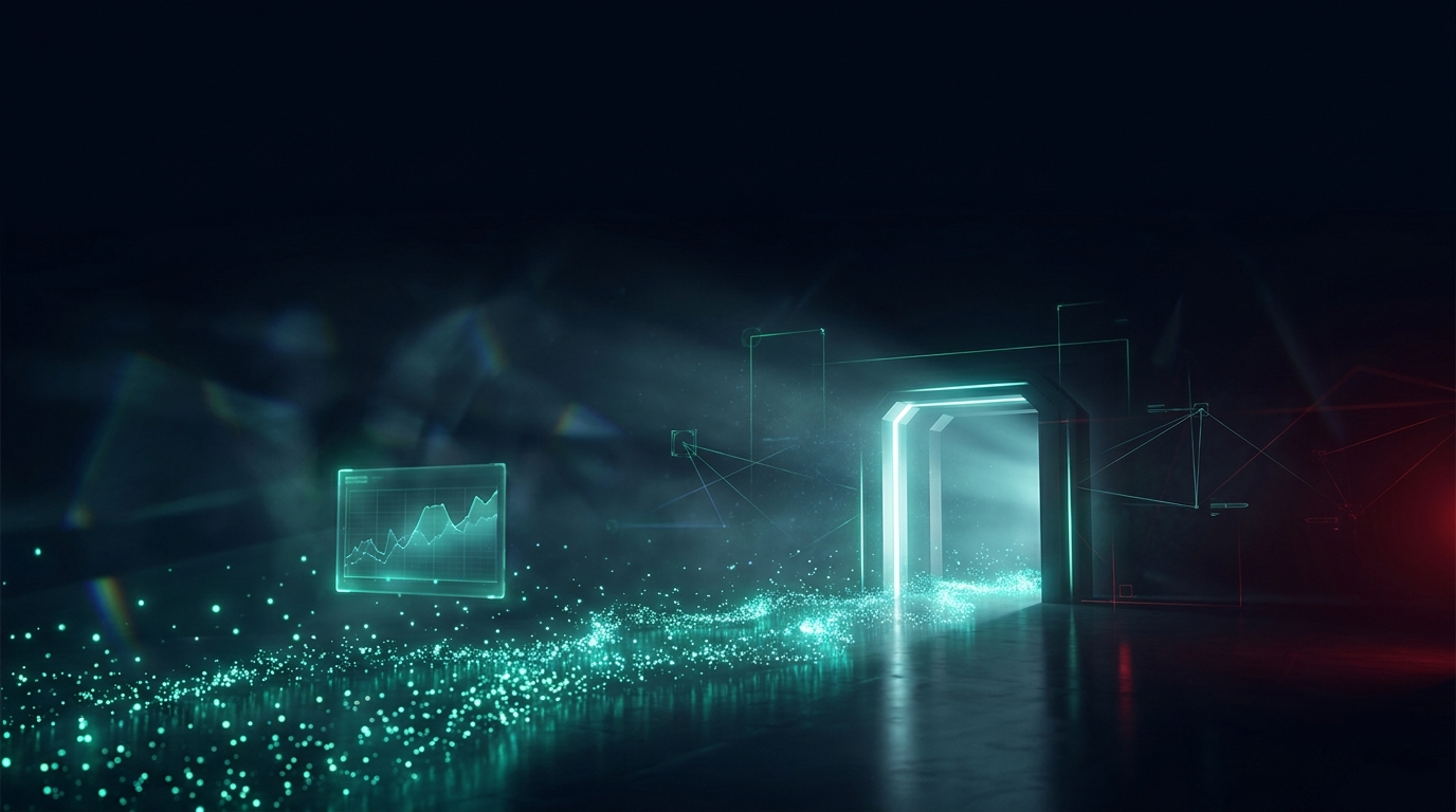 A cinematic render of emerald light particles flowing across a dark floor into a bright terminal, representing capital moving on a funded trader payout