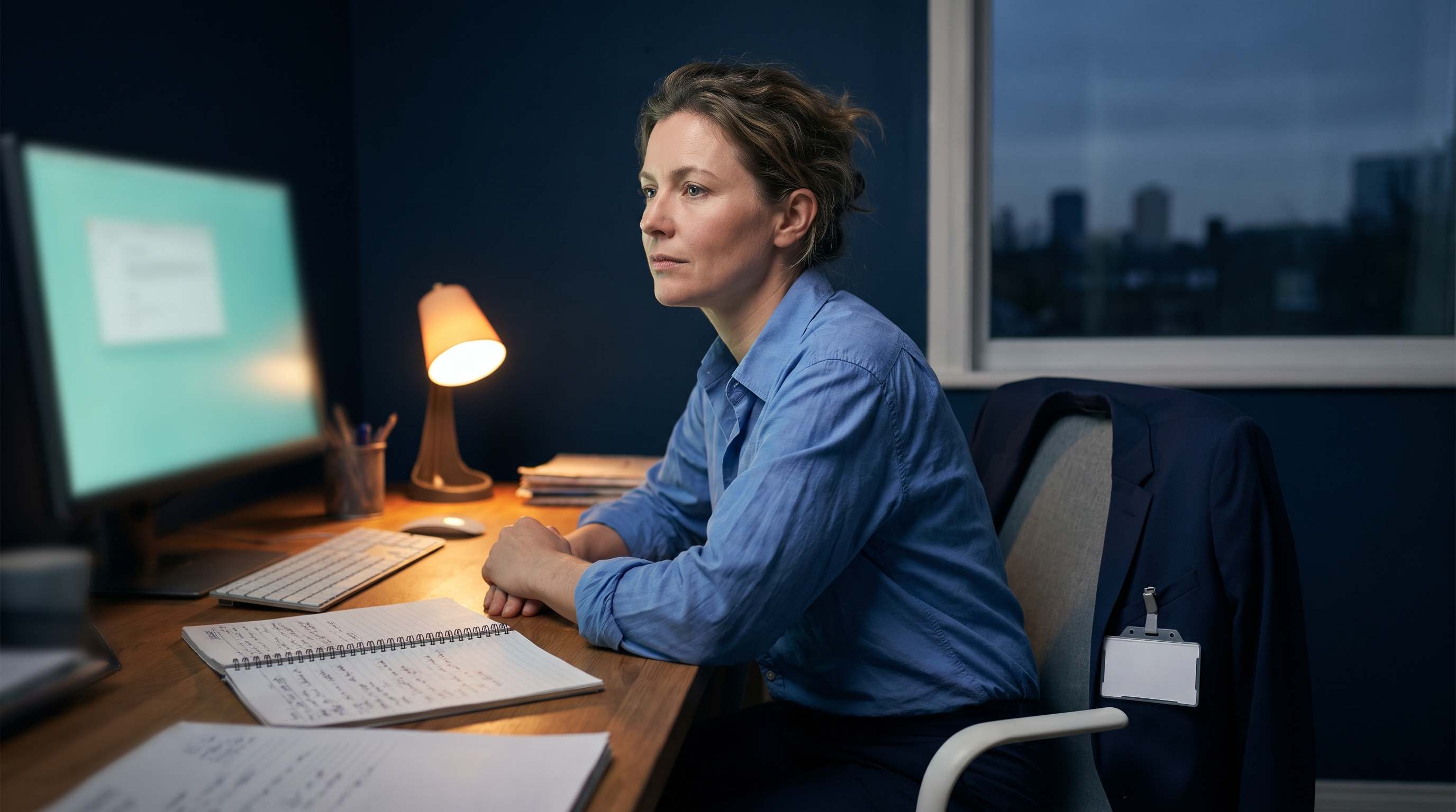A person in a work shirt sitting at a home desk before dawn, a blazer and blank employee badge on the chair behind them, studying a softly glowing monitor beside an open handwritten notebook