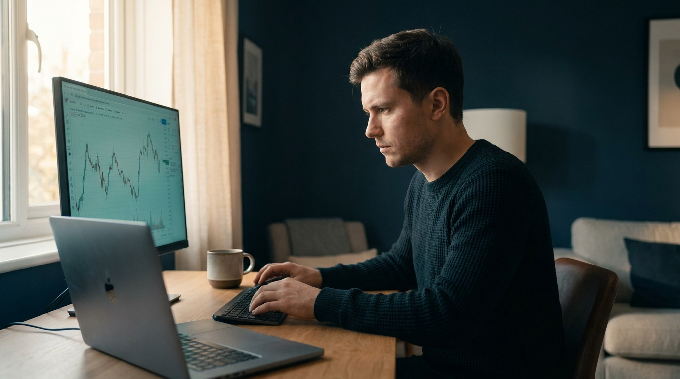 A photorealistic scene of a trader at a tidy home desk in early morning light with a single monitor showing a teal chart and a coffee mug, representing part-time funded trading around a job