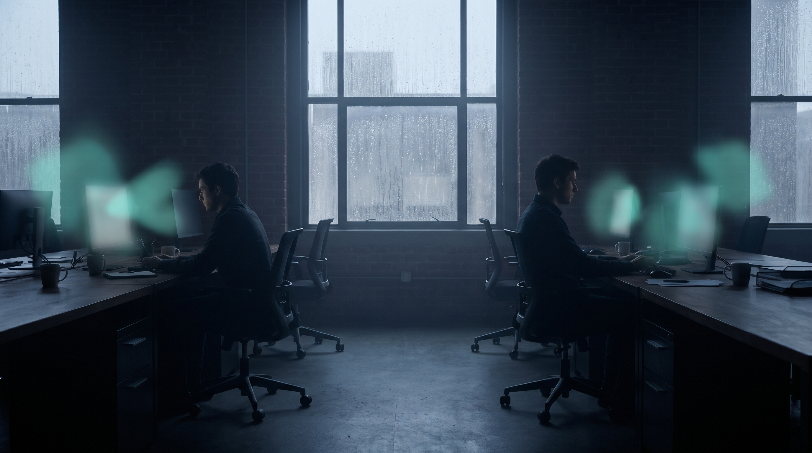 Two traders working at separate desks in a dim office at dawn, rain running down a tall window, monitors casting a soft teal glow