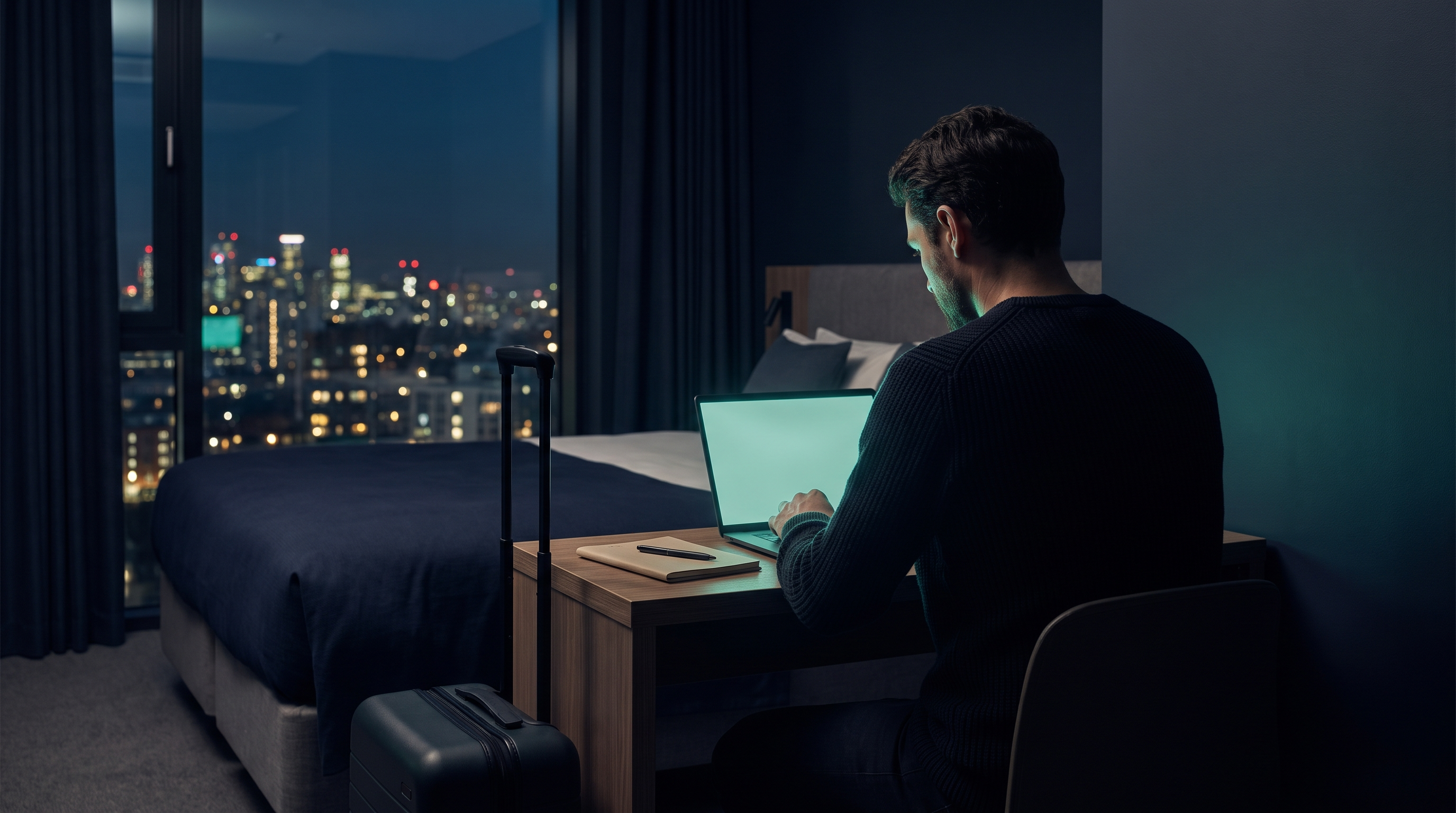 A trader seen from behind working on a laptop at a hotel room desk at night, a suitcase beside him and city lights through the window