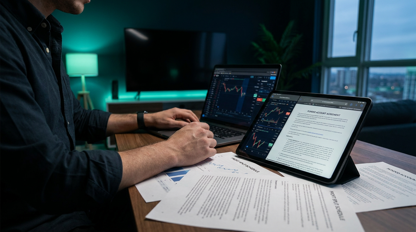 A trader reviewing a funded-account agreement on a laptop and tablet at a modern desk, lit by a soft emerald-teal glow