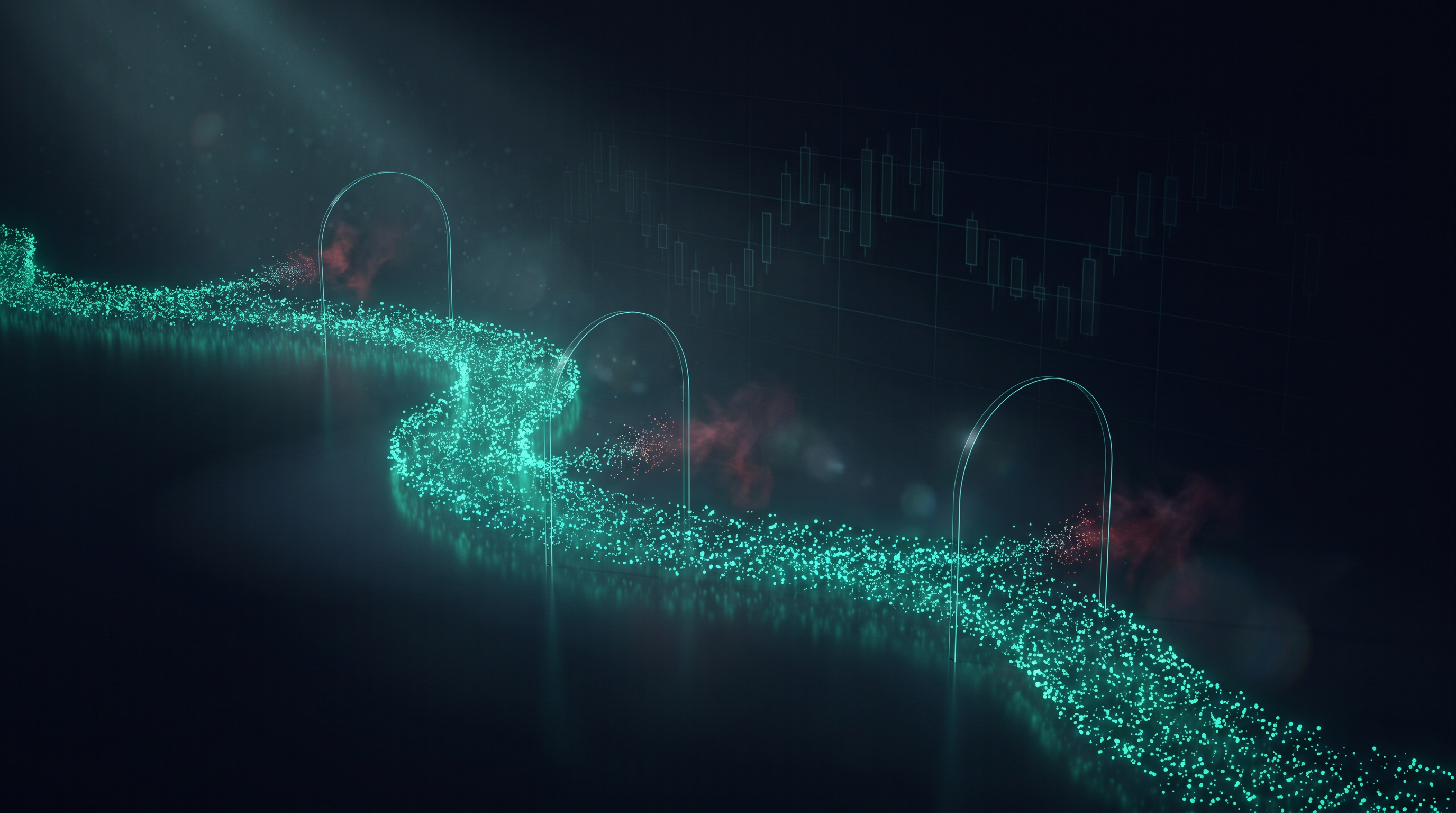 A river of glowing teal particles flowing across a dark floor through three arched gates of light, with a small stream of particles peeling away in red at each gate so the flow thins as it passes