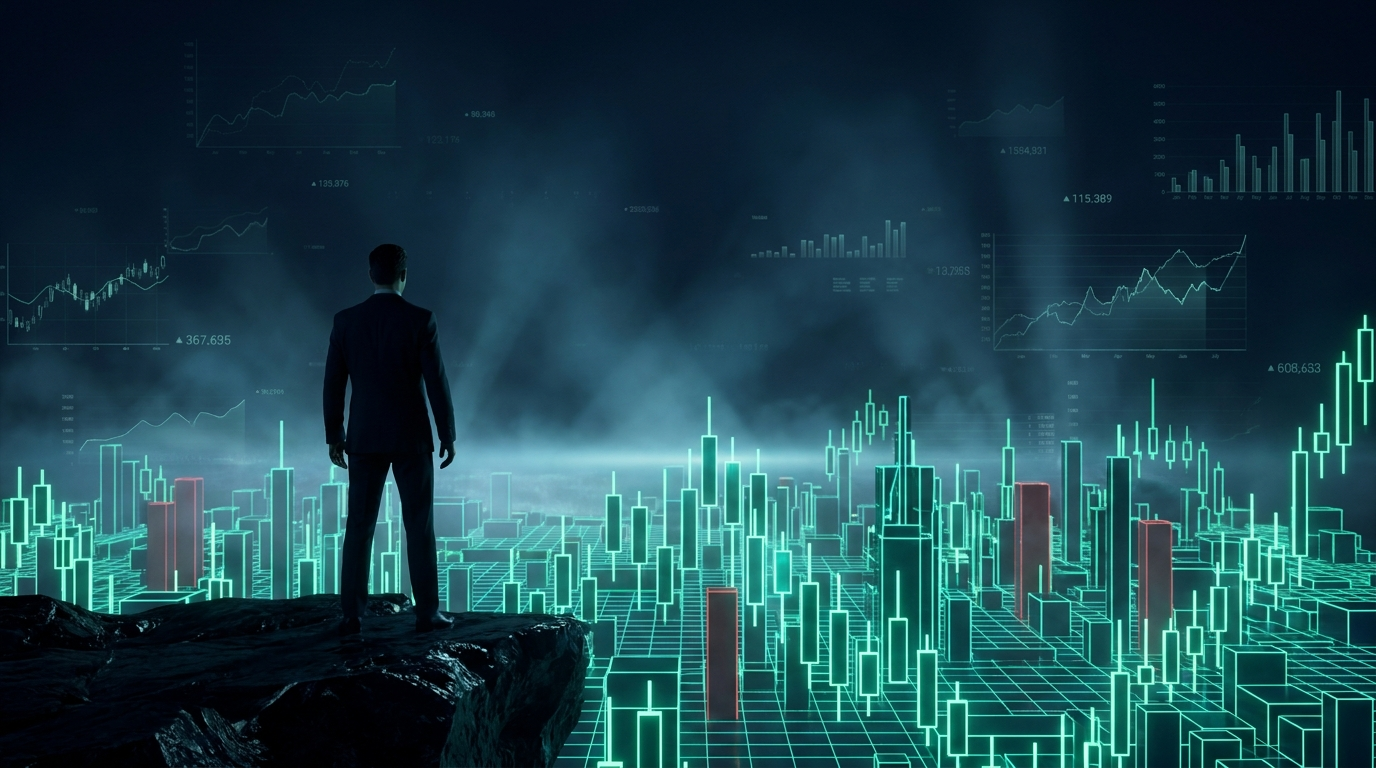 A figure on a dark ledge overlooking a vast city of glowing teal-green candlestick towers in a dark navy environment