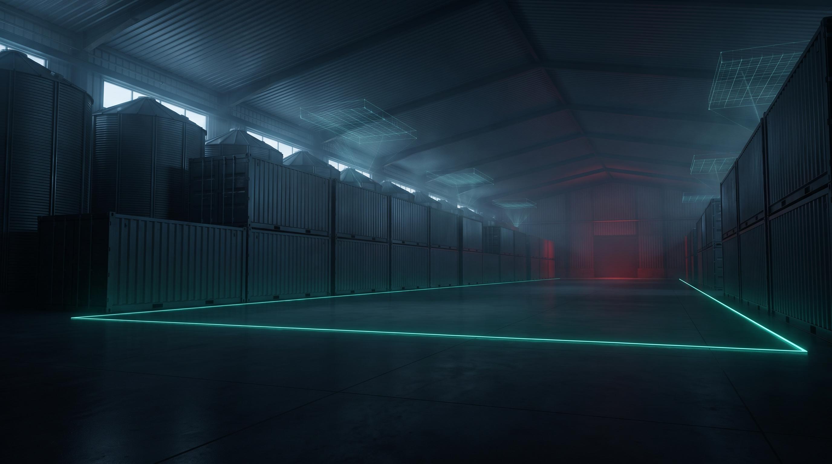 A dark commodity warehouse with rows of stacked containers and silos stopping at a thin glowing teal boundary line on the concrete floor