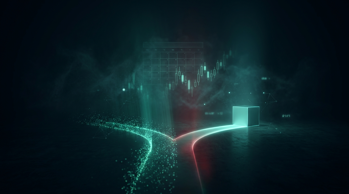 A conceptual render of two glowing paths diverging in a dark space, one dissolving into emerald particles and one leading to a solid cube, with a faint holographic calendar and chart