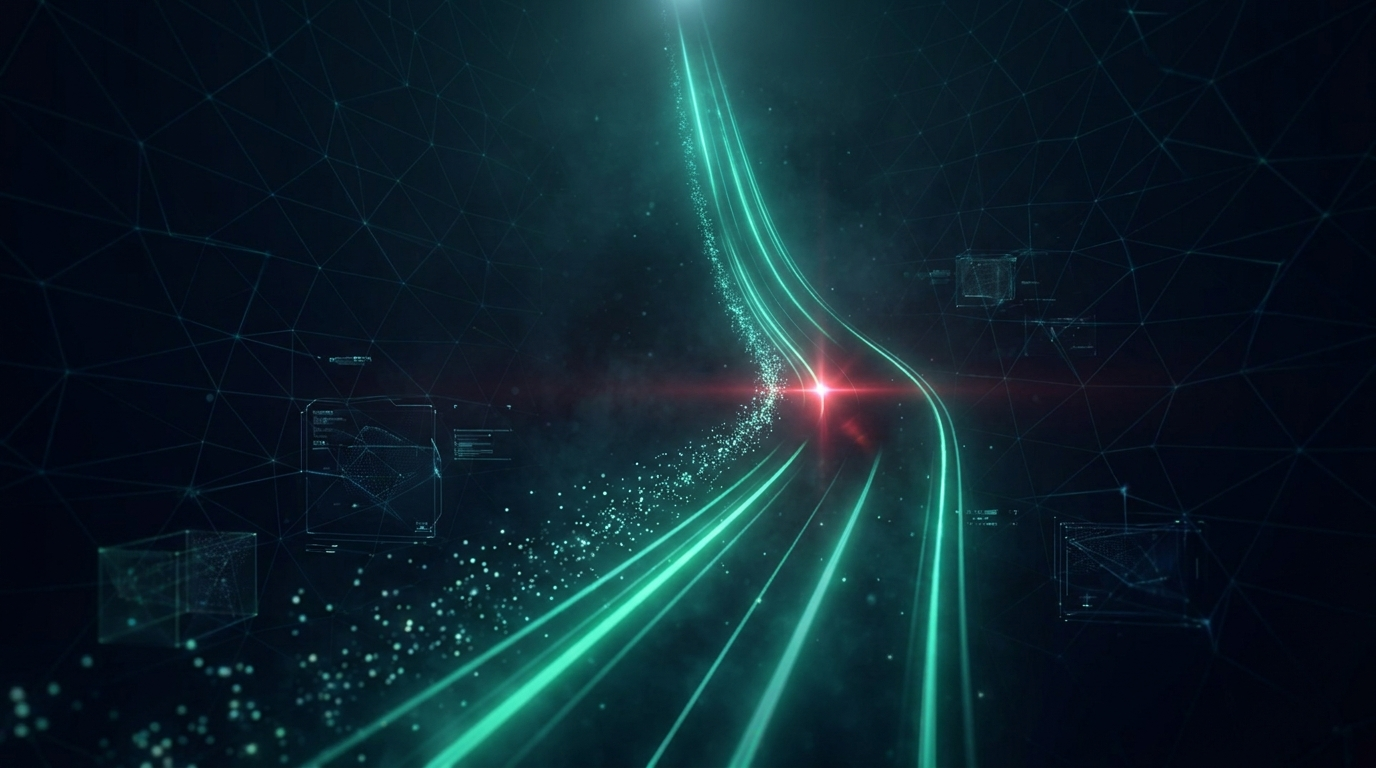 A cinematic render of a narrow corridor of emerald light that steepens toward a bright vanishing point, representing how option delta accelerates as gamma rises