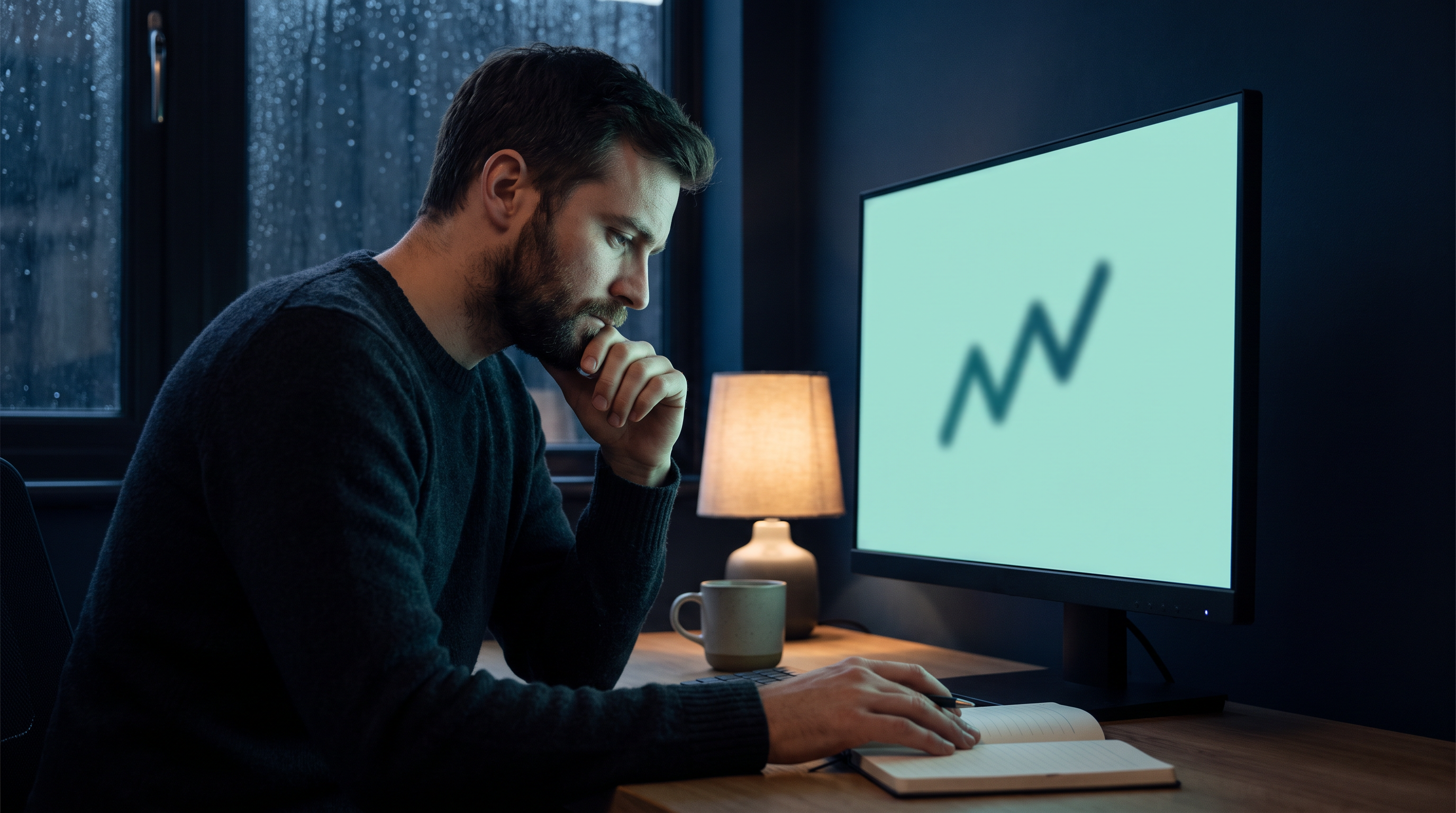 A bearded male trader in a dark sweater sits at a wooden desk in a dim home office on a rainy evening, chin resting on one hand and the other on an open notebook, studying a large unbranded monitor that shows a soft blurred teal zigzag line, with a table lamp and a mug beside him