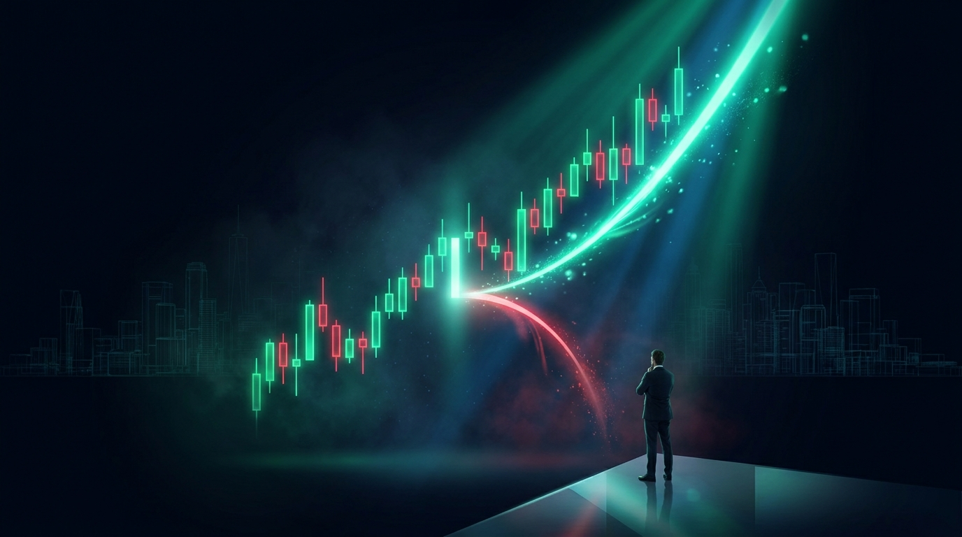 A cinematic render of a candlestick chart with a price gap and two diverging paths, one continuing up and one curving back down to fill the gap, with a small figure facing the fork