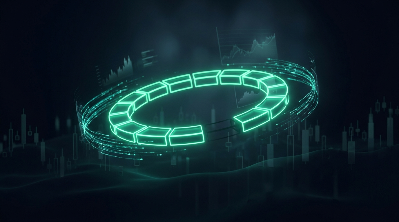 A glowing 24-hour session ring hovering over a dark horizon of faint candlestick towers in teal-green neon