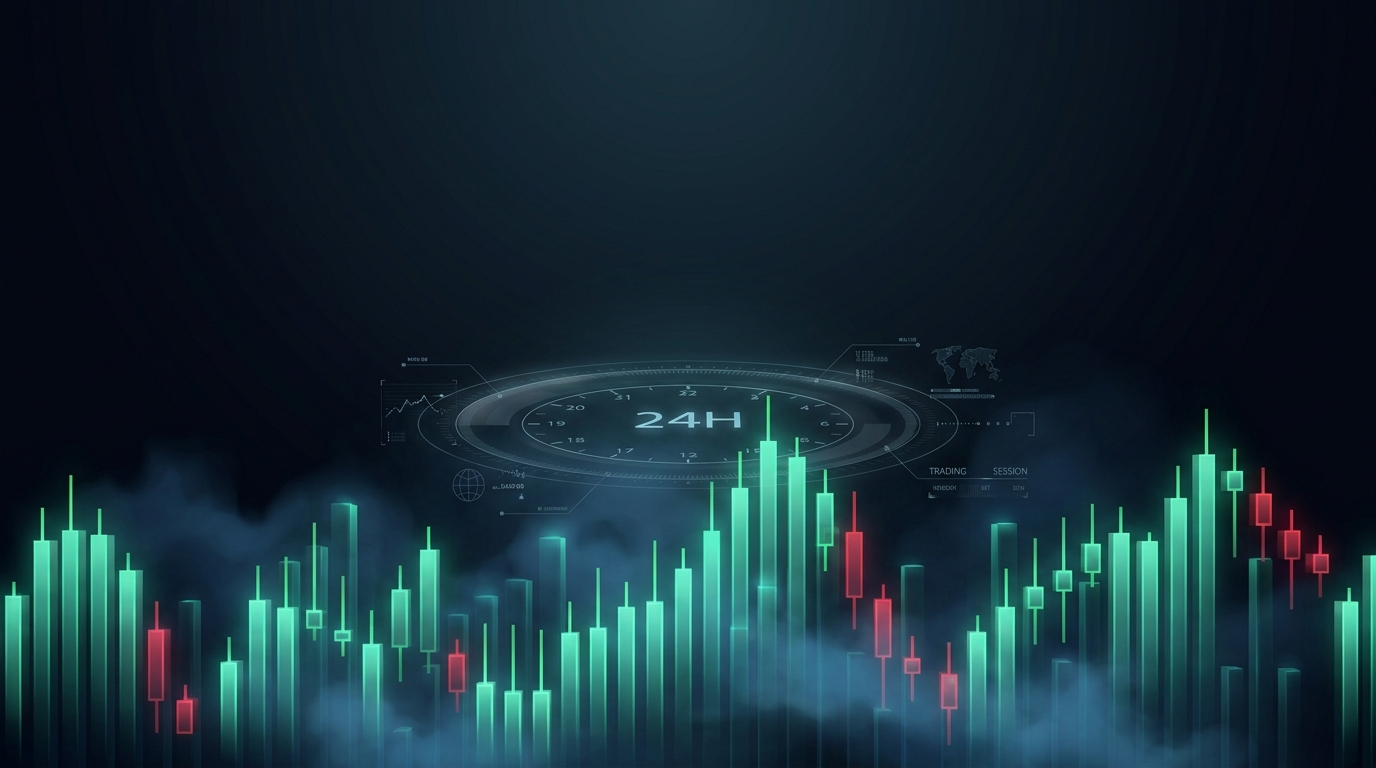 A cinematic render of a nocturnal skyline built from glowing teal candlestick towers under a holographic 24 hour clock, representing continuous gold futures trading sessions