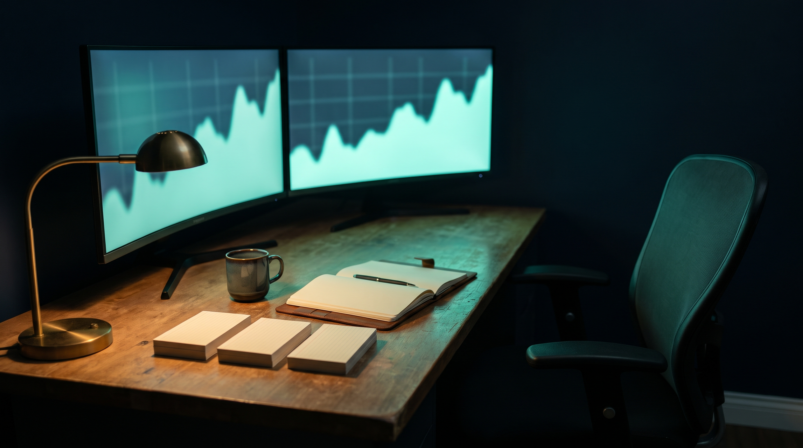 A quiet trading desk at night with no one present: two monitors glowing with soft teal charts, a brass desk lamp, a coffee mug, an open notebook with a pen and three neat stacks of blank index cards in a row, with an empty chair pushed back