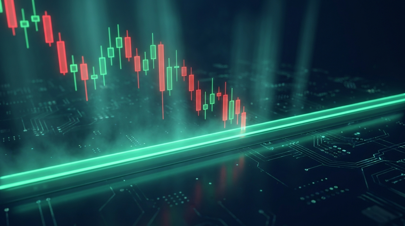 A cinematic render of a glowing teal safety line holding firm beneath a falling candlestick chart, representing a hard stop order